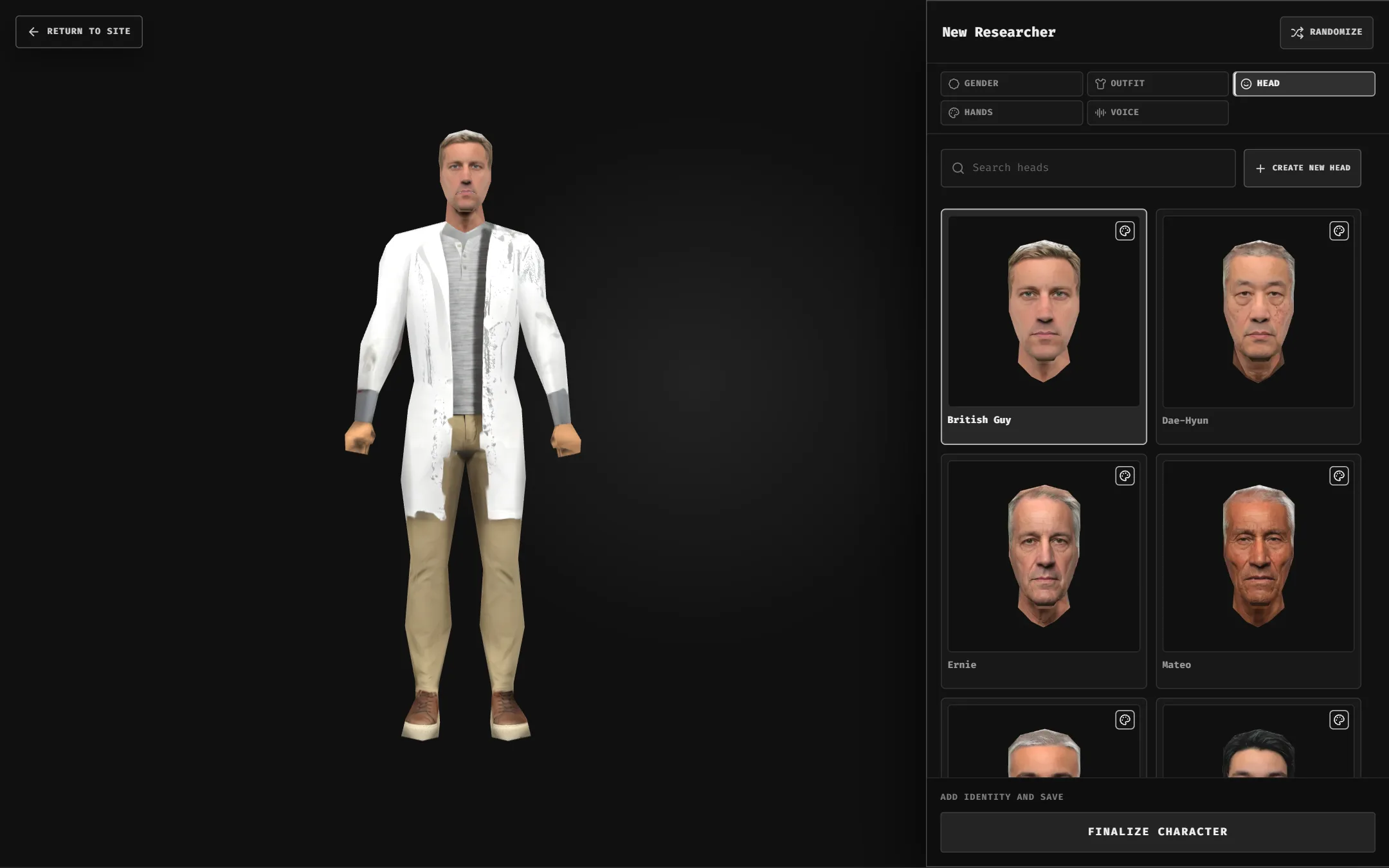 Head tab showing a searchable grid of heads