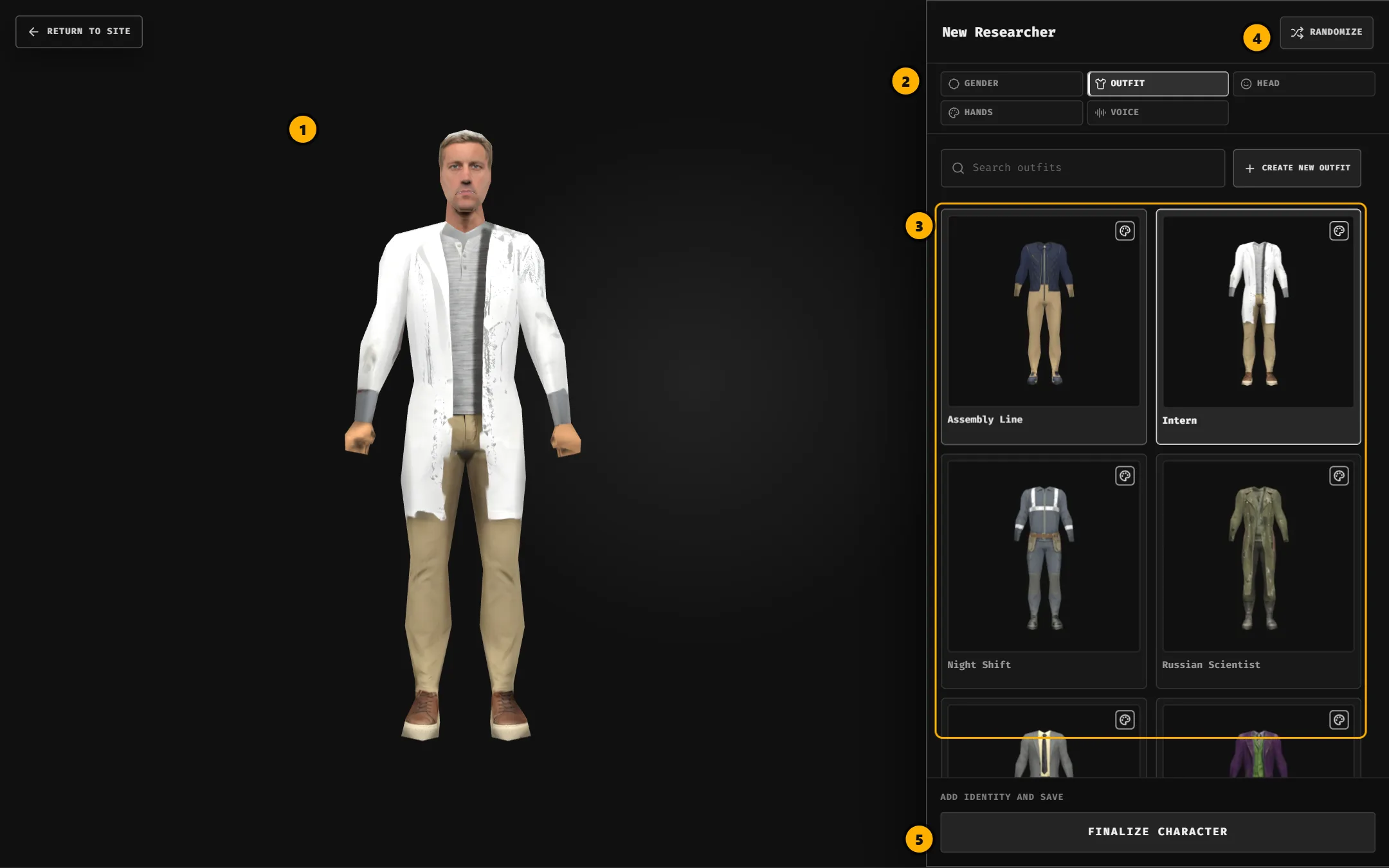 The character creator with the Outfit tab open: 3D preview on the left, outfit grid on the right