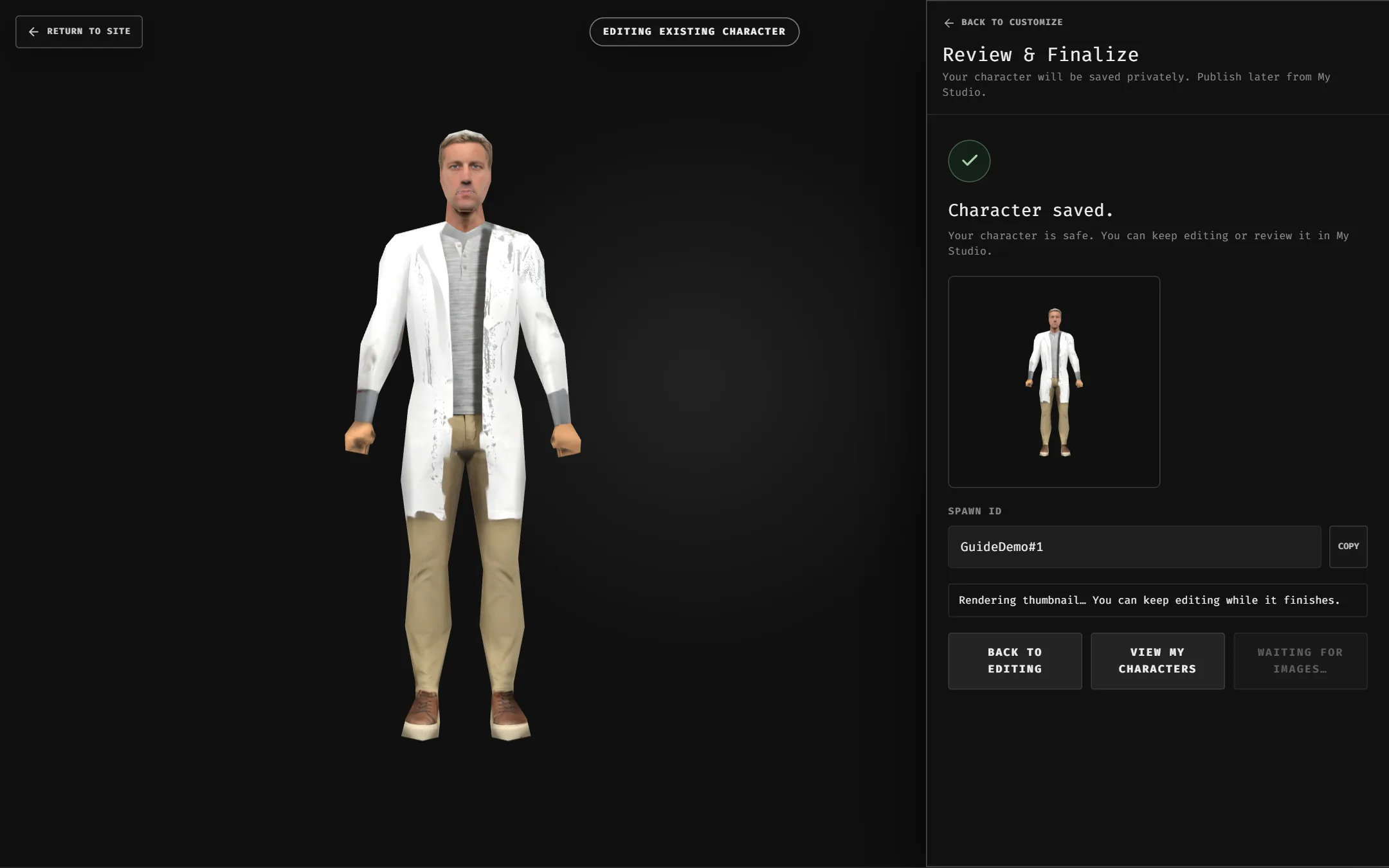 Save confirmation showing the Spawn ID with a copy button and the Publish button