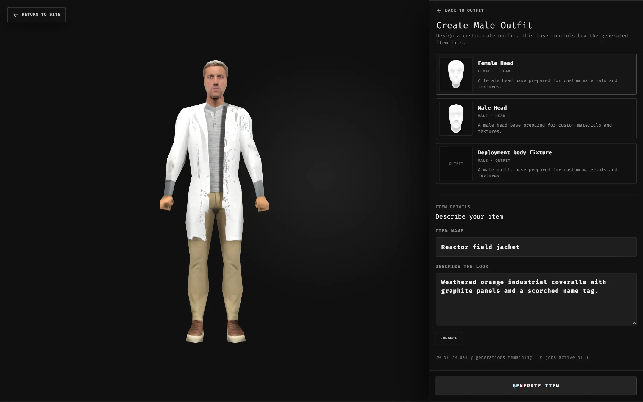 Item Workshop form with base object, item name and look description
